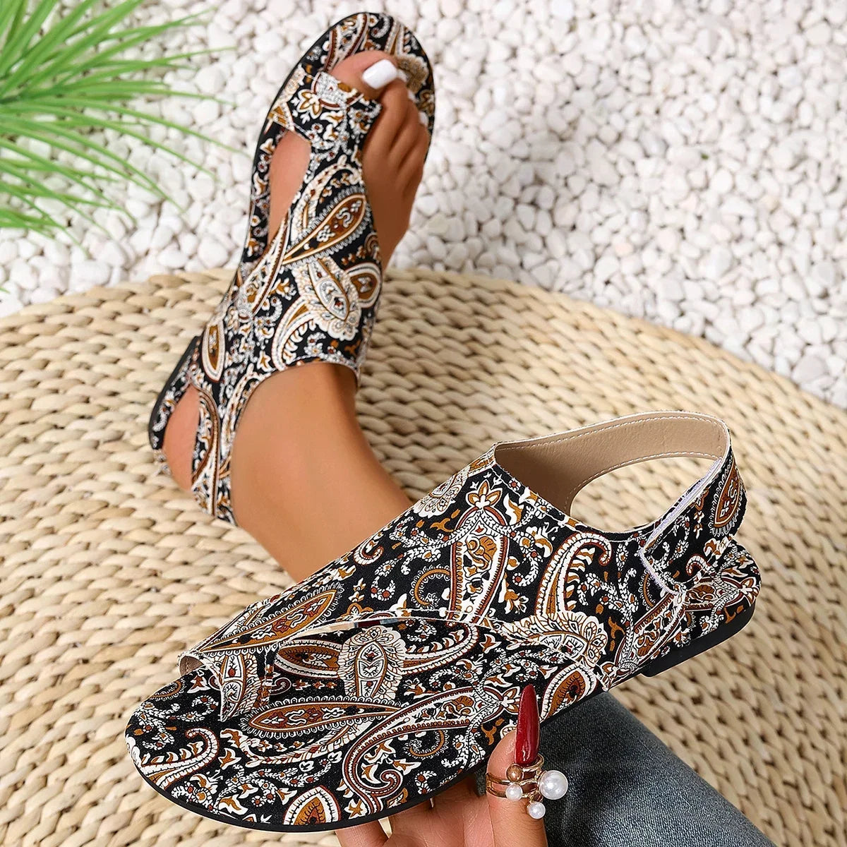 women's sandals with paisley print, stylish for summer outings