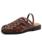 women-sandals in brown woven leather, stylish and comfortable for summer