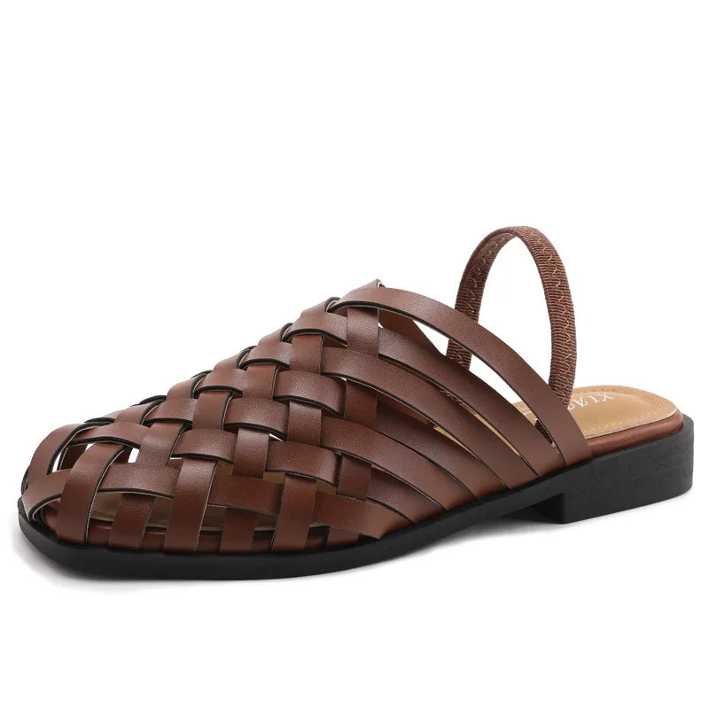 women-sandals in brown woven leather, stylish and comfortable for summer