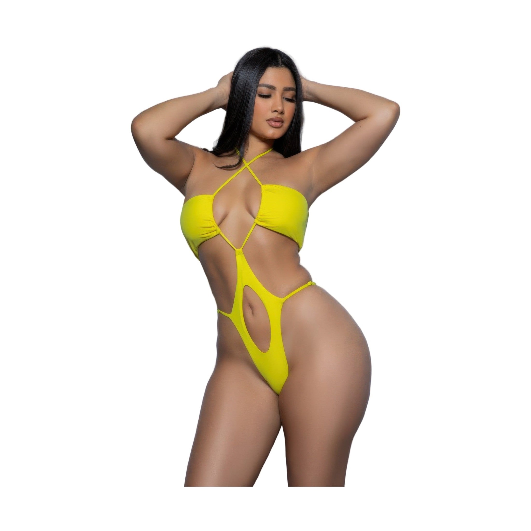 Bright yellow sexy monokini for women featuring a unique cutout design and adjustable straps