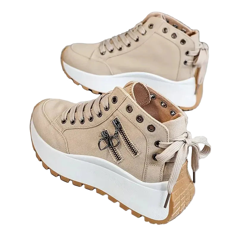 Women's beige canvas sneakers with platform sole for casual wear