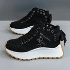 Women's black sneakers with zipper details, casual footwear