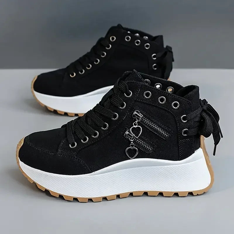 Women's black sneakers with zipper details, casual footwear