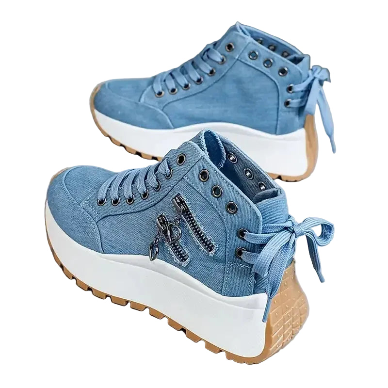 Women's blue denim platform sneakers with zipper accents for casual wear