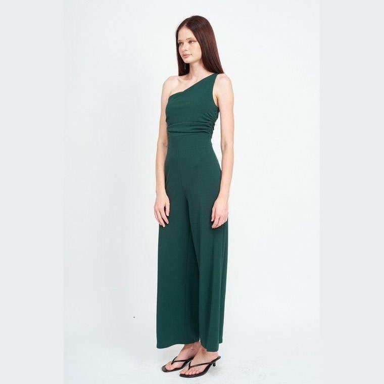 Emory Park green summer jumpsuit for women with one shoulder design and wide leg styling