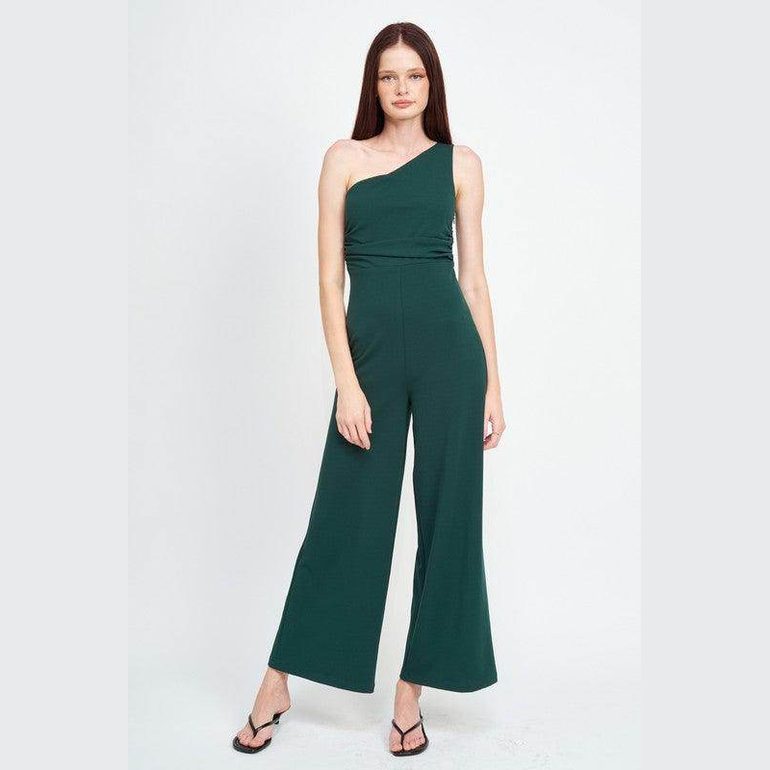 Stylish green summer jumpsuit for women with one-shoulder design and wide-leg fit from Emory Park