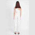 Back view of Emory Park white summer jumpsuit for women with a stylish one-shoulder design