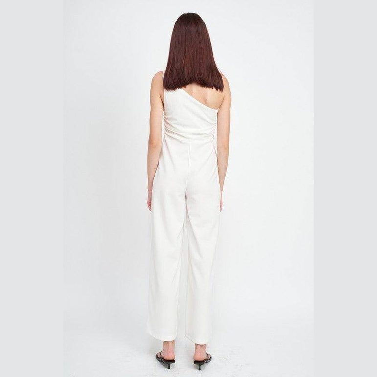 Back view of Emory Park white summer jumpsuit for women with a stylish one-shoulder design