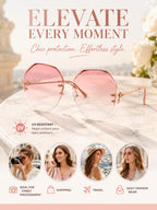 Women's pink octagonal sunglasses, UV protection, perfect for travel