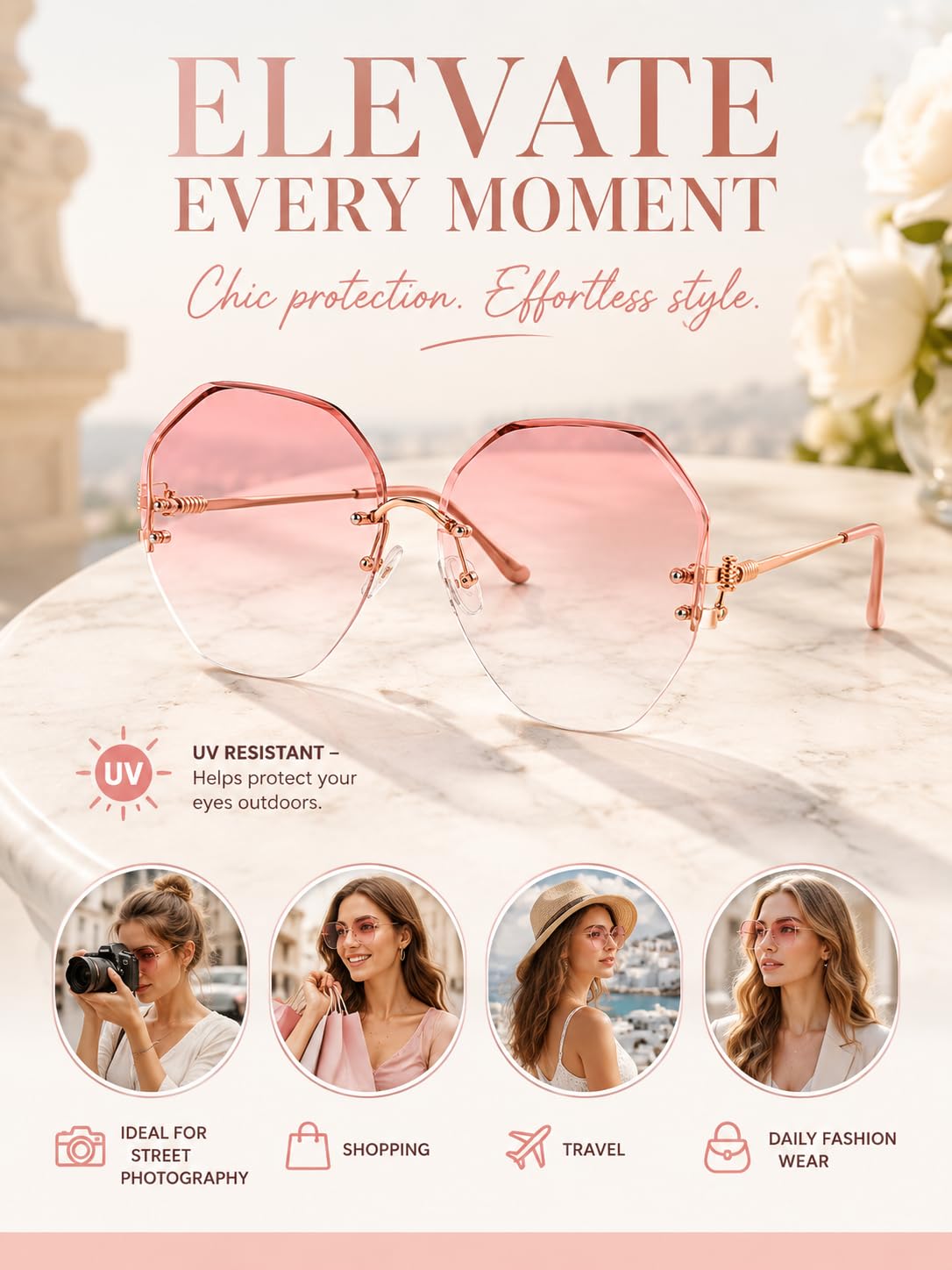 Women's pink octagonal sunglasses, UV protection, perfect for travel