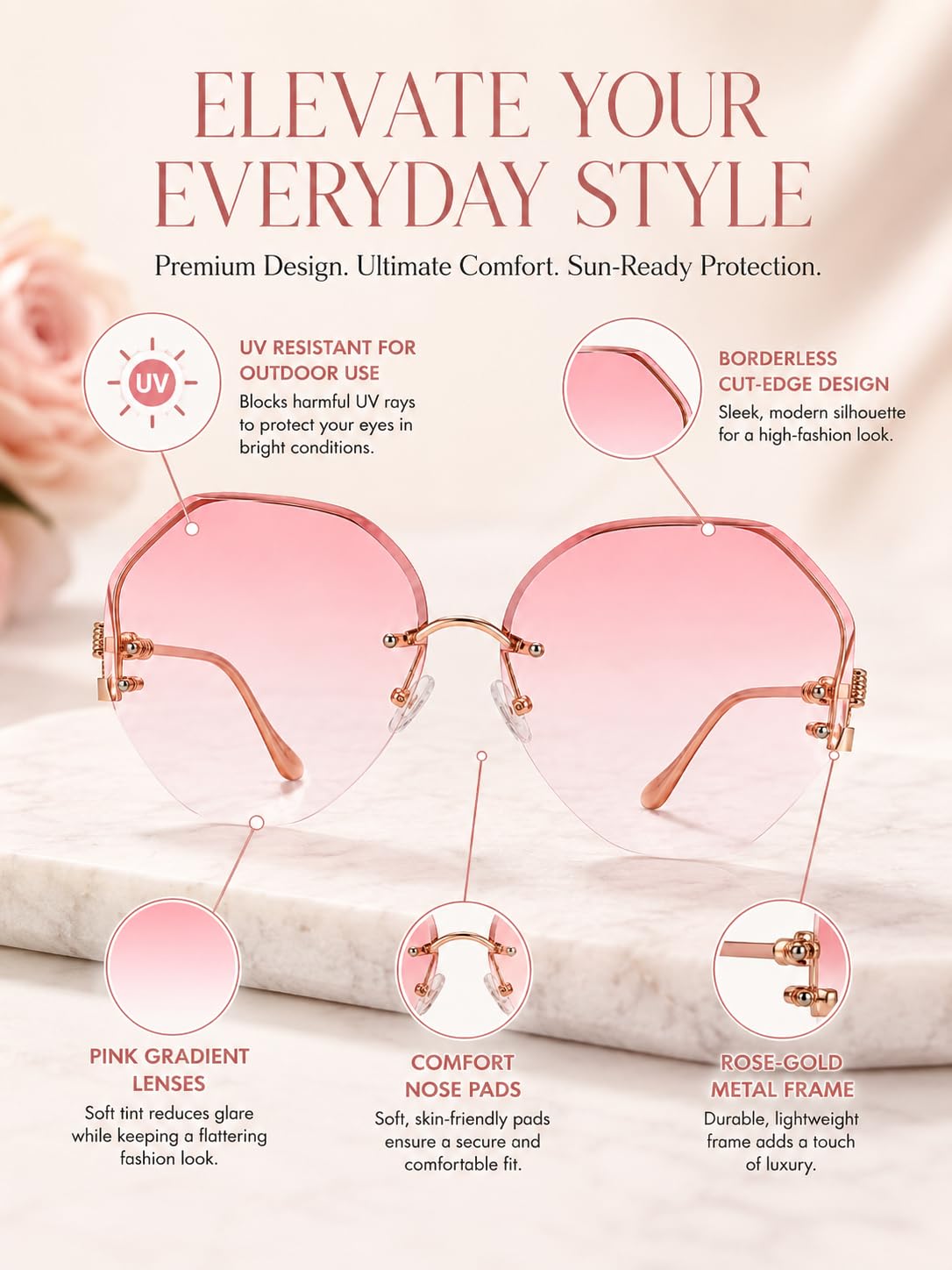 women sunglasses with pink gradient lenses and rose gold metal frame