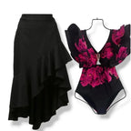 Women swimwear bathing suits with floral design and ruffled black skirt