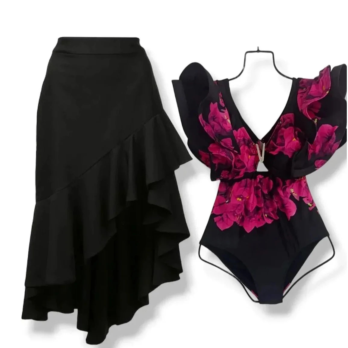 Women swimwear bathing suits with floral design and ruffled black skirt