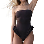 Women's black ruffled one-piece bathing suit for beach days