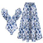 Blue floral women swimwear bathing suits with matching skirt for summer fun