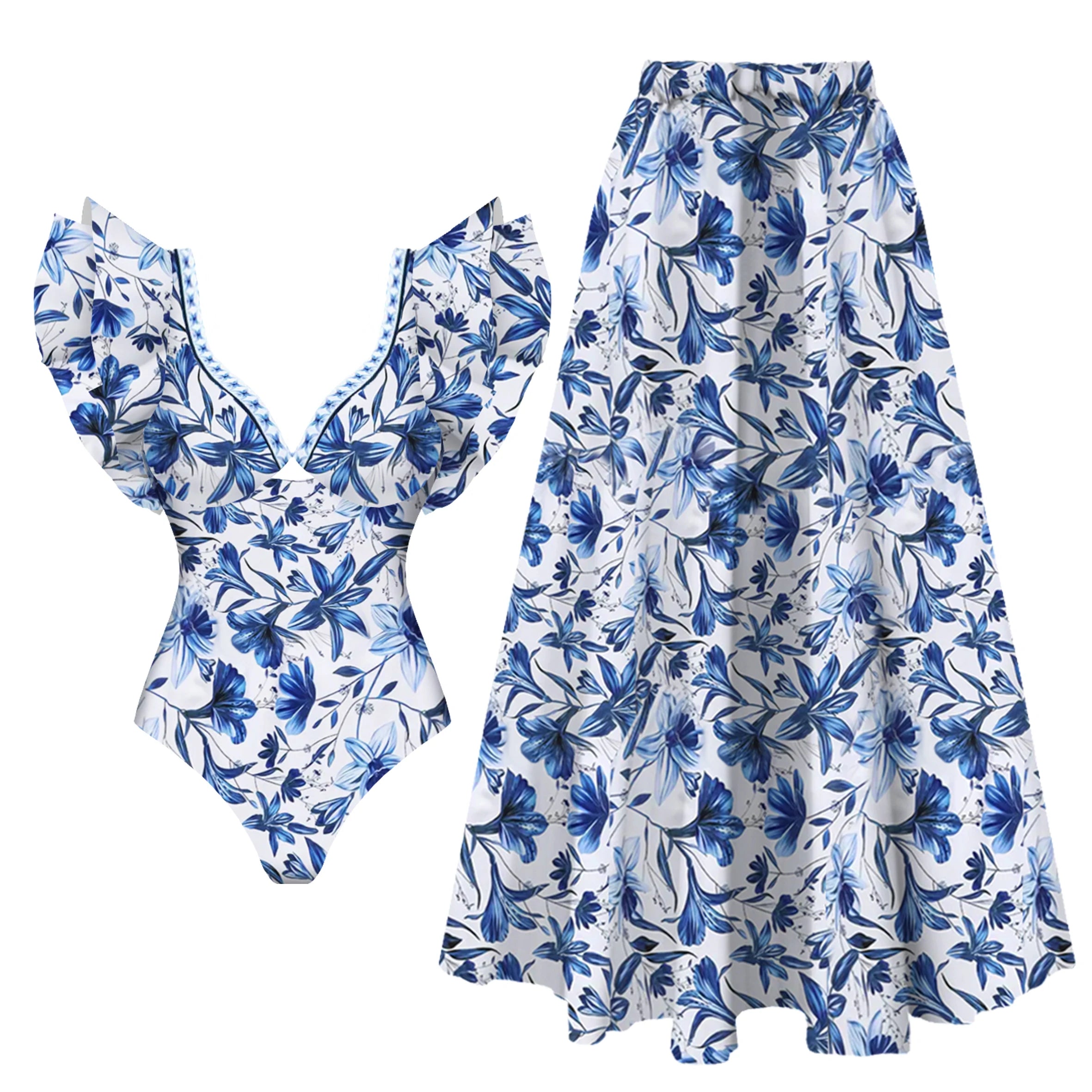 Blue floral women swimwear bathing suits with matching skirt for summer fun