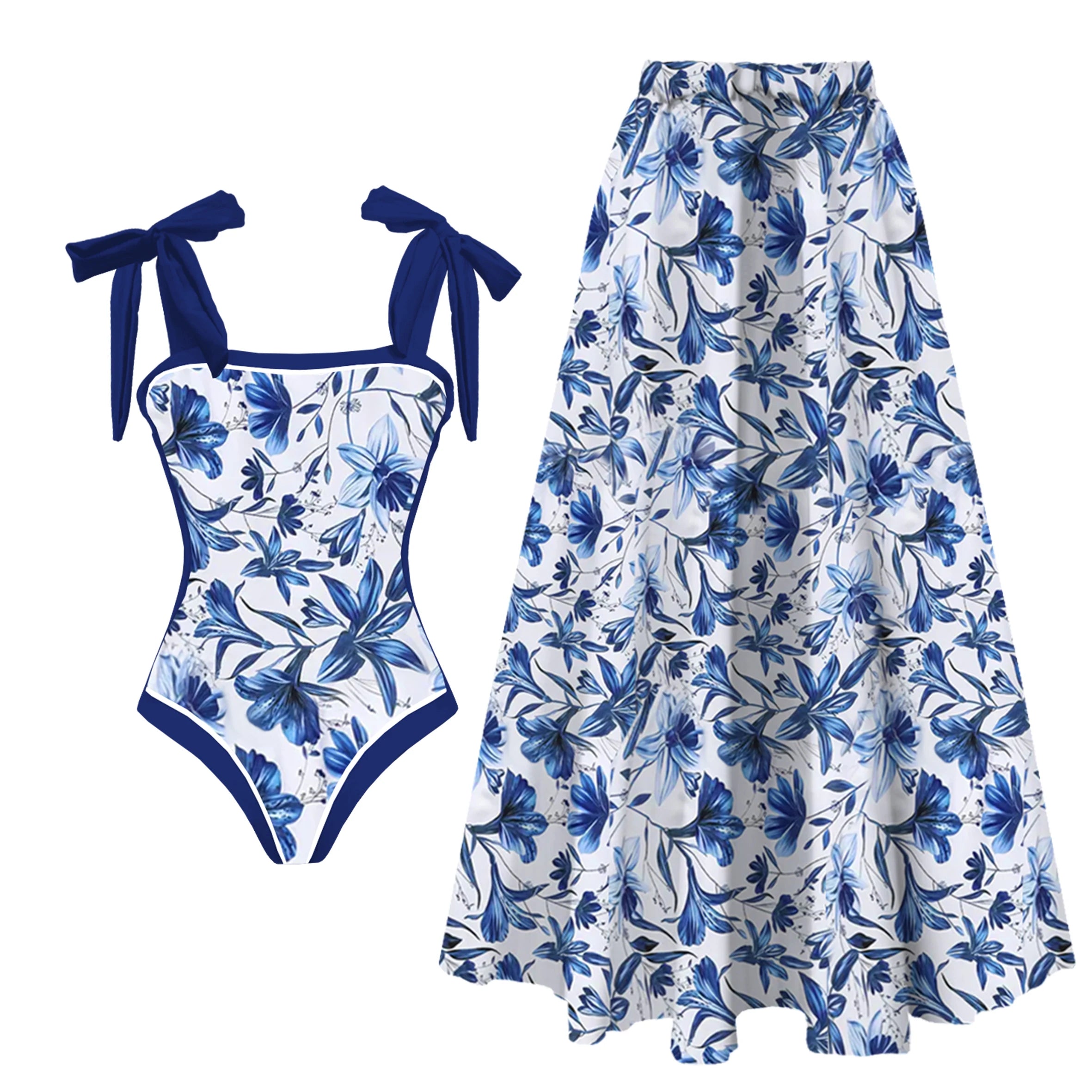 women swimwear bathing suits floral one-piece with matching skirt
