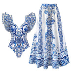 Women swimwear bathing suits, blue patterned one-piece and matching skirt