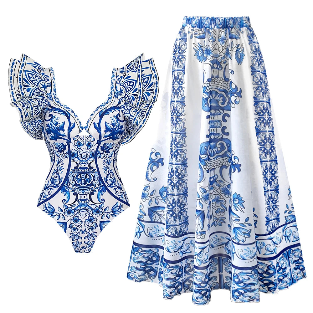 Women swimwear bathing suits, blue patterned one-piece and matching skirt