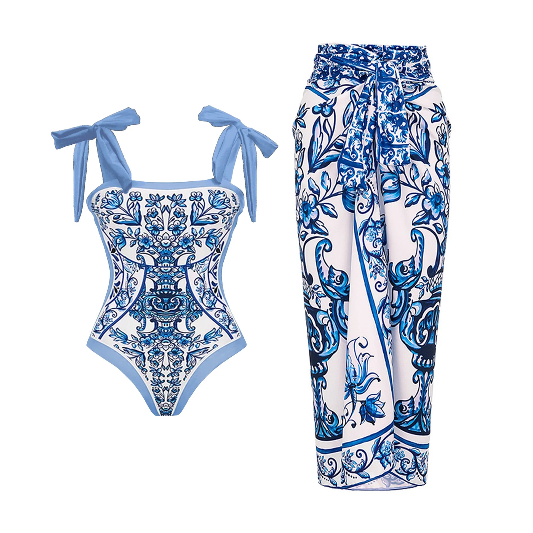 Women's blue patterned bathing suits with matching swim cover-up