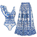 women swimwear bathing suits, blue floral one-piece with matching skirt