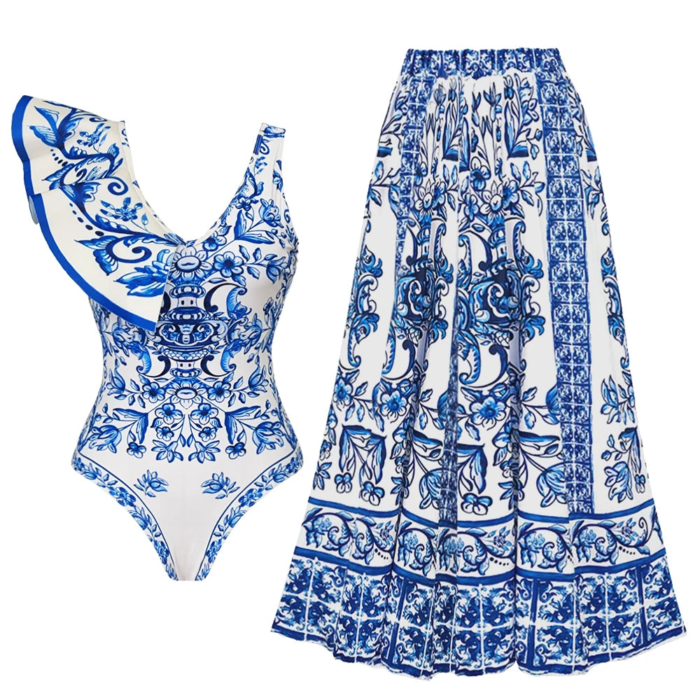 women swimwear bathing suits, blue floral one-piece with matching skirt