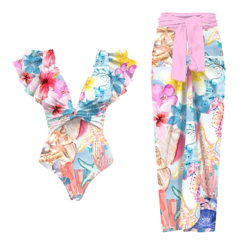 Women's floral swimwear bathing suits with matching cover-up for beach days