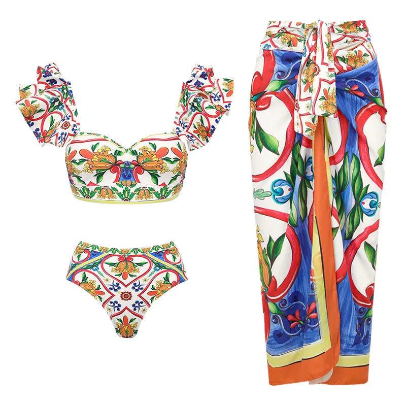 Colorful women's swimwear bathing suits with ruffled sleeves and matching cover-up