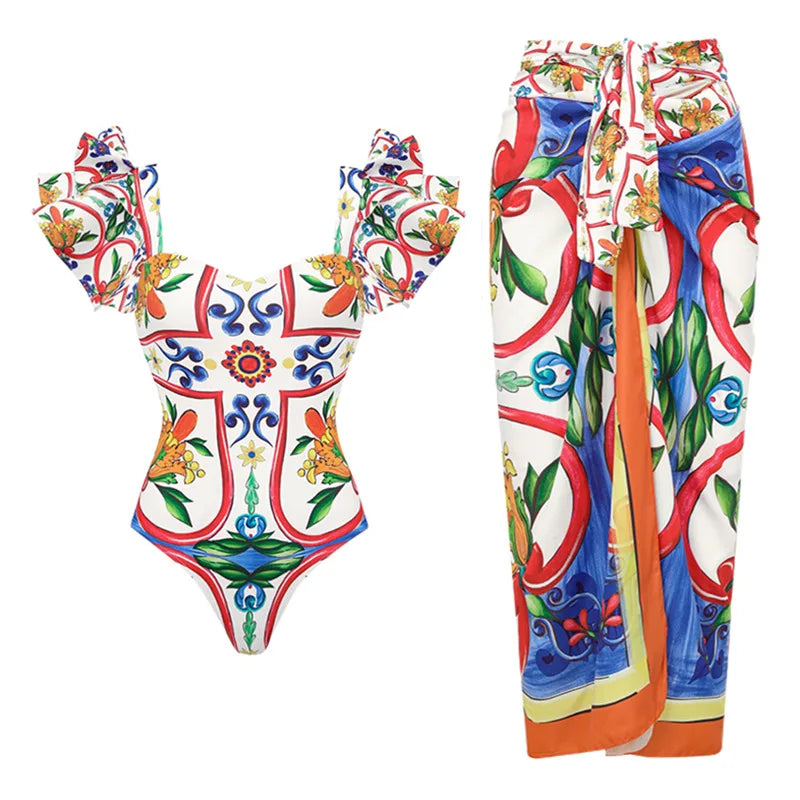 Women's colorful one-piece bathing suit with matching wrap skirt