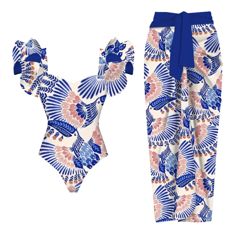 Women swimwear bathing suits, floral print one-piece and matching pants