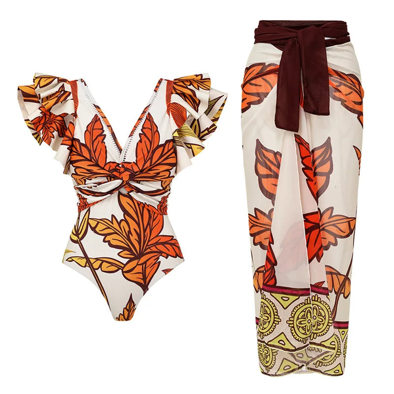 women swimwear bathing suits, floral one-piece with ruffles and matching sarong