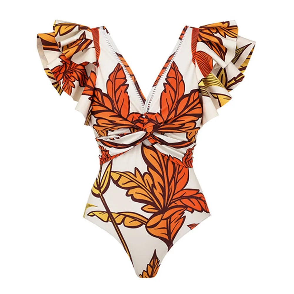 women swimwear bathing suits, floral print, ruffled sleeve, stylish beachwear