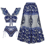 Women's blue floral bikini set with matching skirt, beachwear