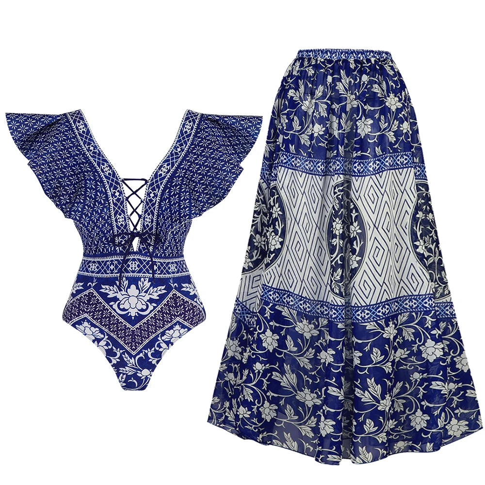 women swimwear bathing suits, blue floral print, perfect for beach days