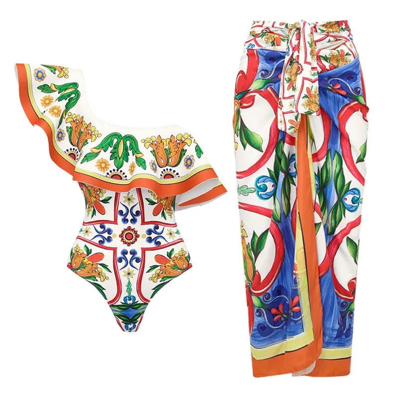 Women's colorful one-shoulder bathing suit and patterned beach pants