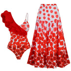 Women's red floral bathing suits with matching skirt, perfect for beach outings