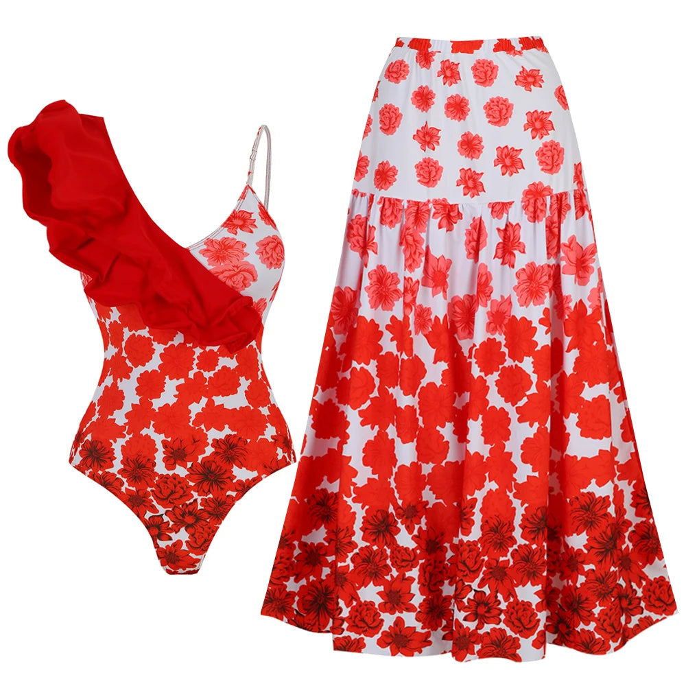 Women's red floral bathing suits with matching skirt, perfect for beach outings
