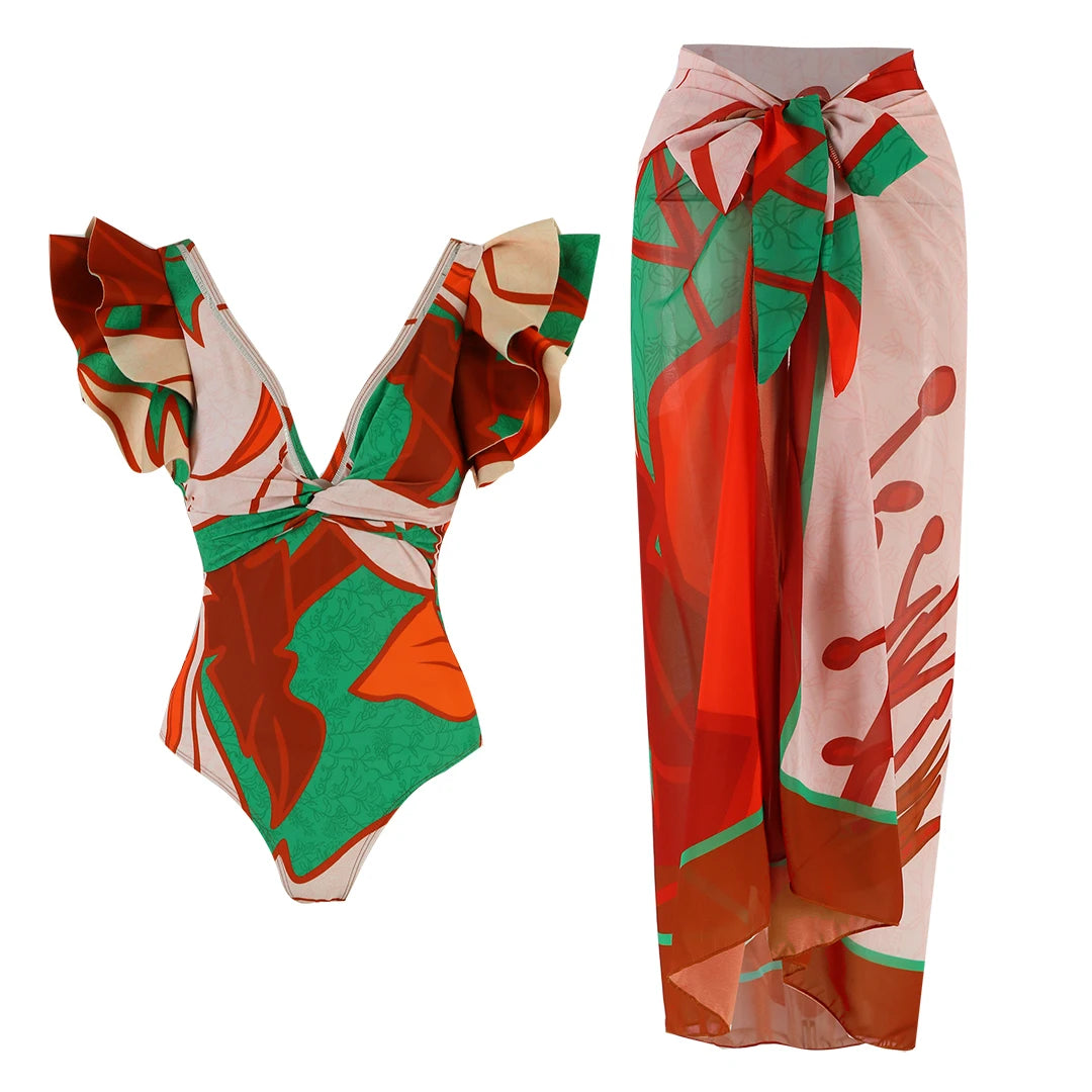 women swimwear bathing suits, floral print one-piece with matching cover-up