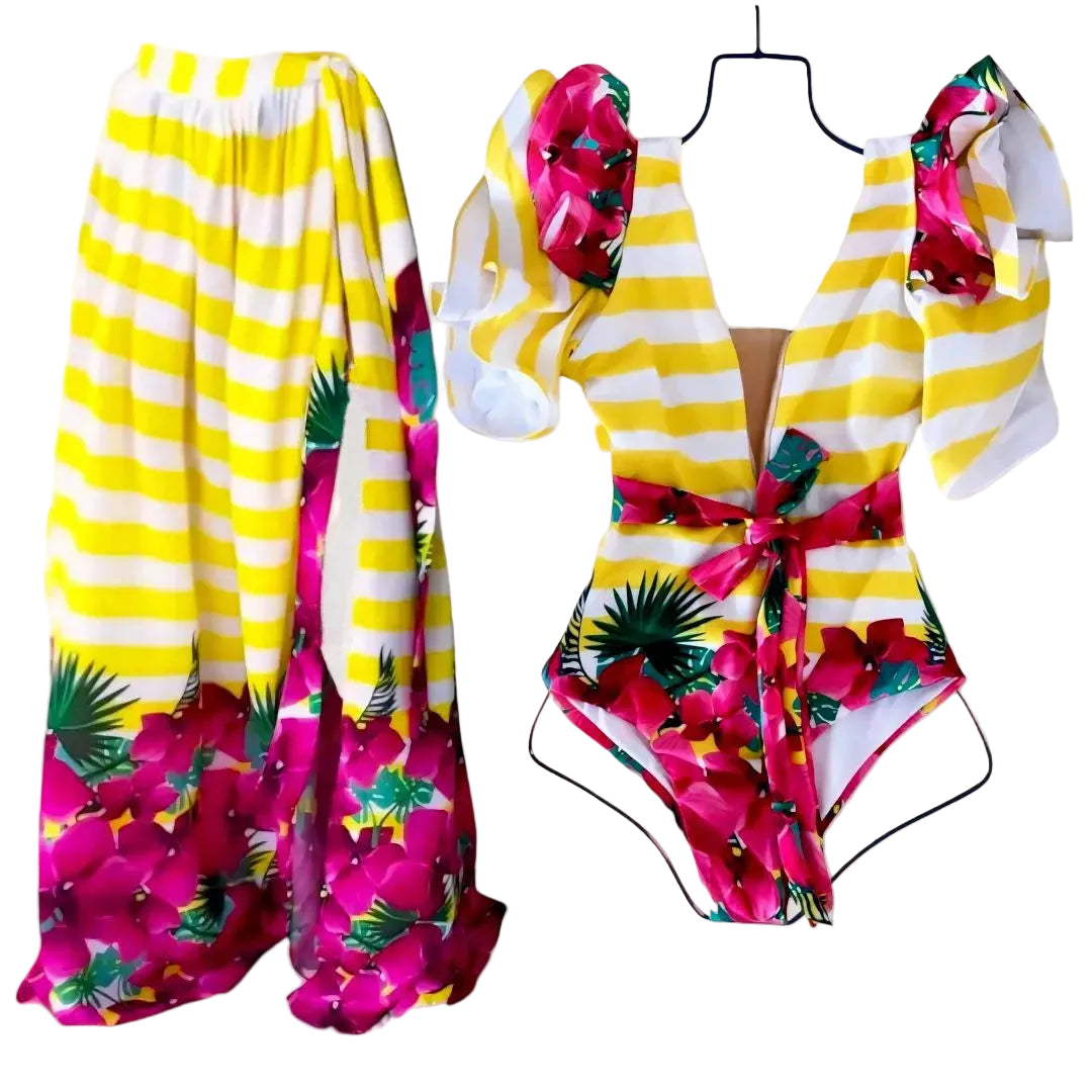 Women's yellow striped bathing suits with floral design for beach outings