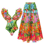 Women swimwear bathing suits, floral one-piece with matching skirt for beach outings