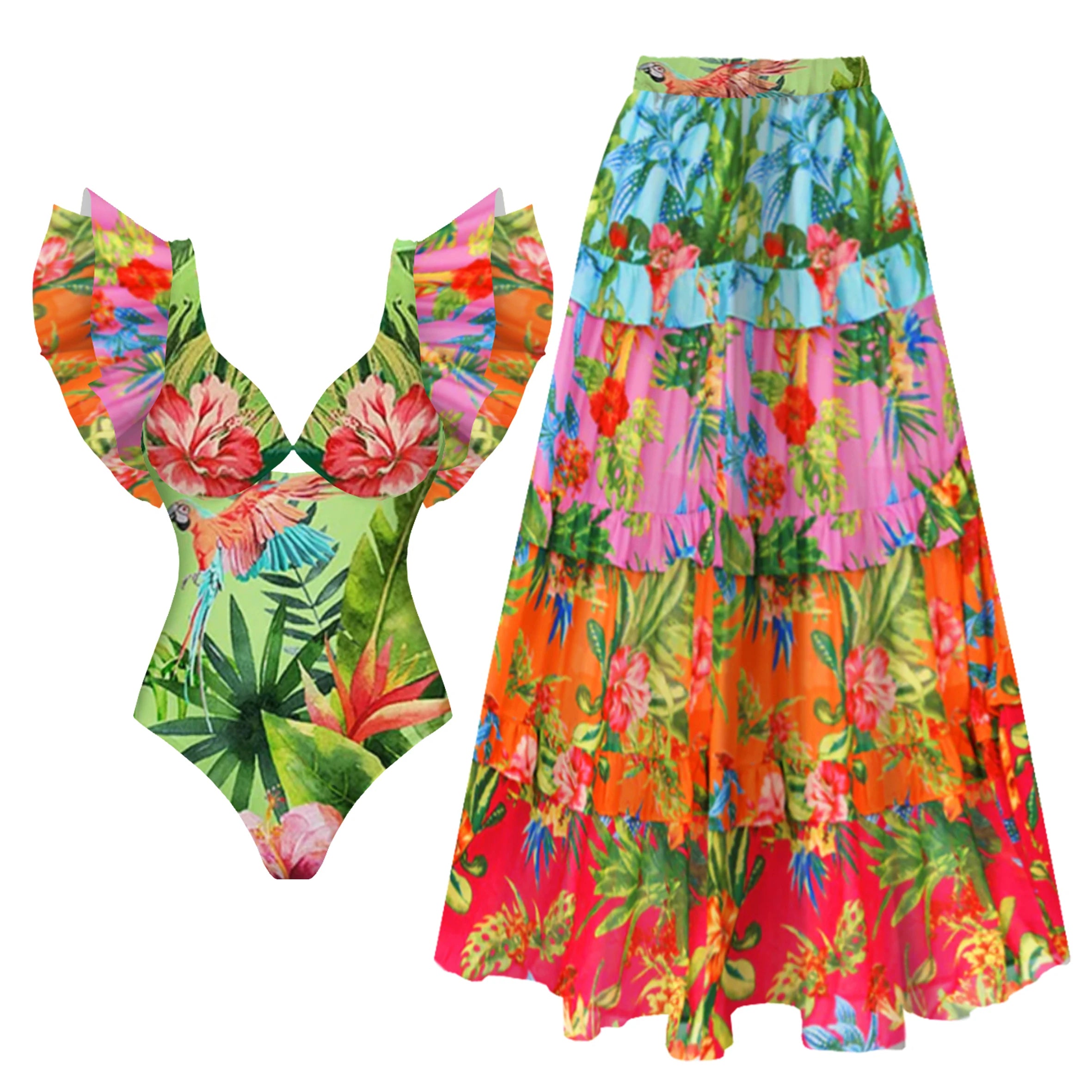 Women swimwear bathing suits, floral one-piece with matching skirt for beach outings