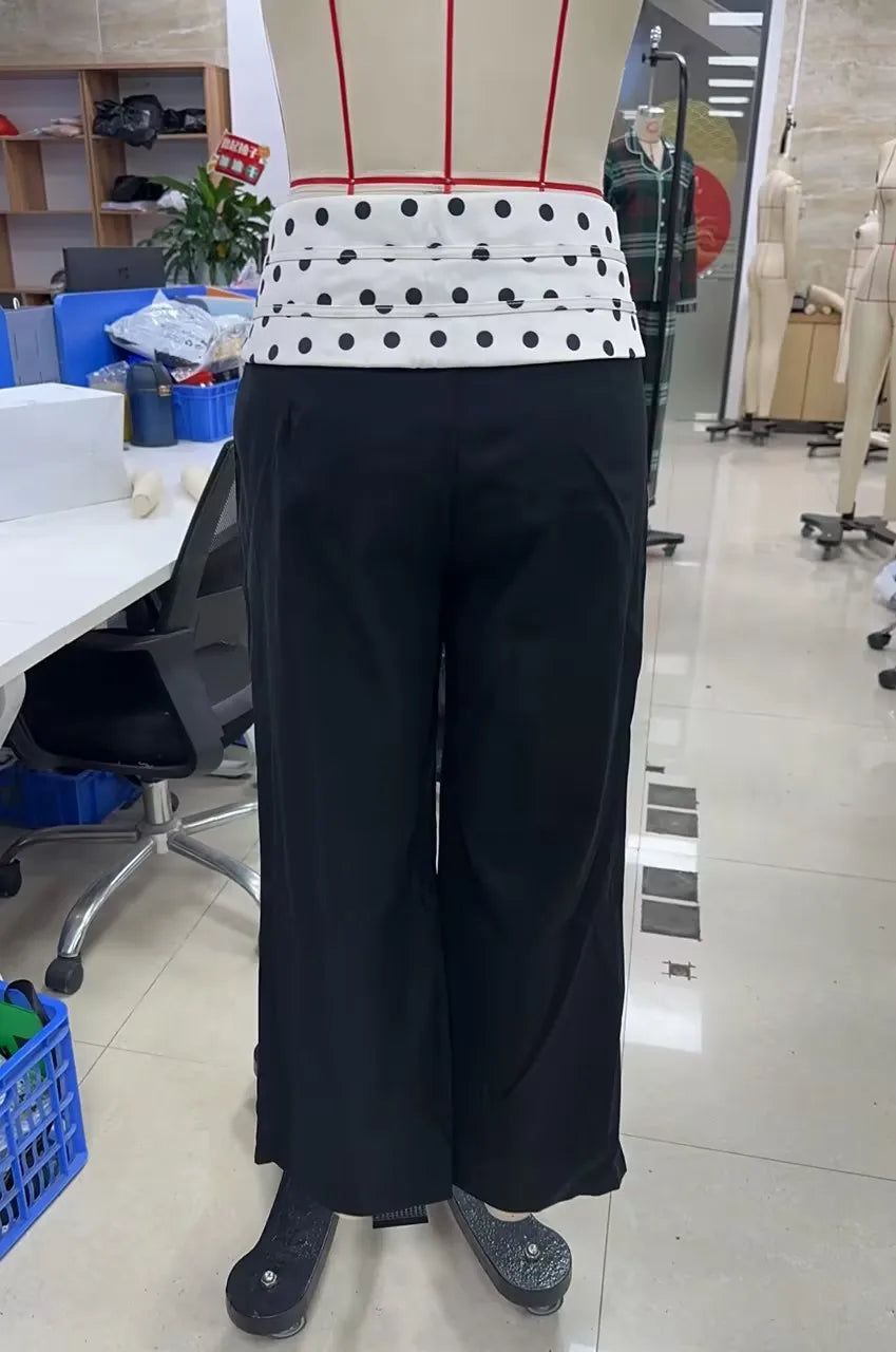 Women trousers wide leg in black with polka dot waistband for stylish comfort