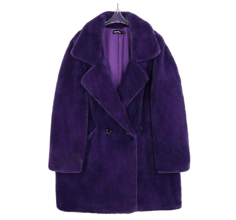 Purple plush warm winter coat for women with a double-breasted design by VacationGrabs