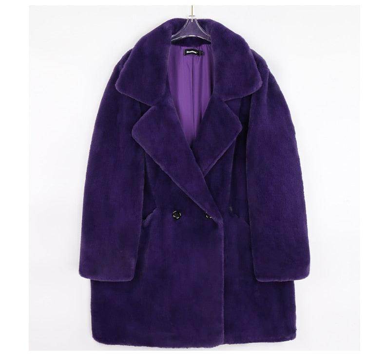 Purple plush warm winter coat for women with a double-breasted design by VacationGrabs