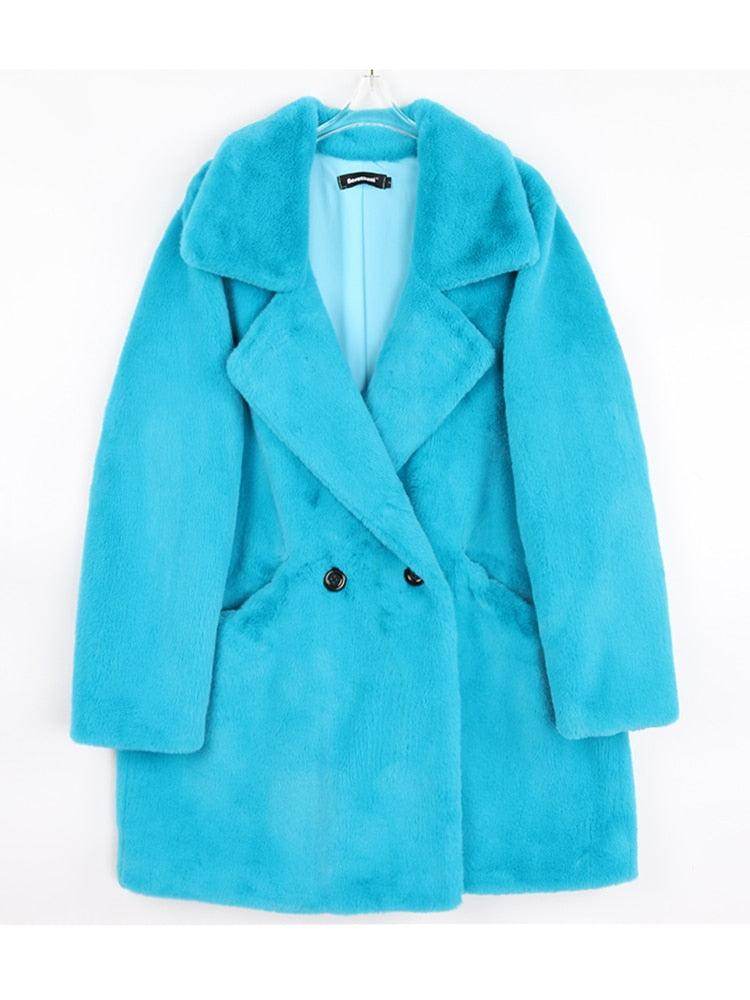 Fuzzy Aqua Blue Warm Winter Coat for Women with Double-Breasted Buttons and Soft Fabric