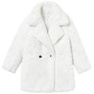 Cozy white furry warm winter coat for women with double-breasted buttons and a relaxed fit
