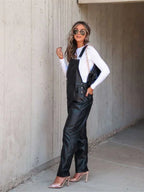 Black faux leather jumpsuit for women with overalls, stylish and trendy