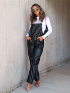 Women's black faux leather overalls for trendy casual wear