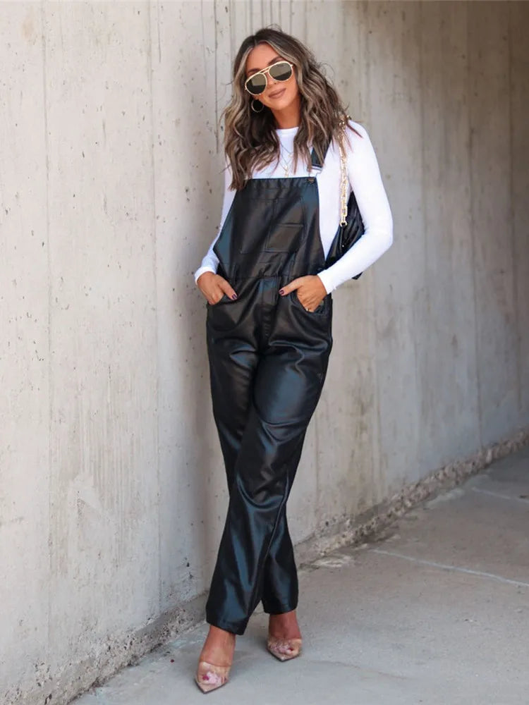Women's black faux leather overalls for trendy casual wear