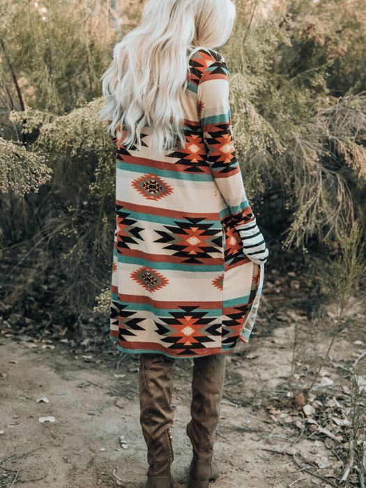 Womens Aztec Cardigan Sweater with colorful tribal patterns, ideal for stylish layering in any season